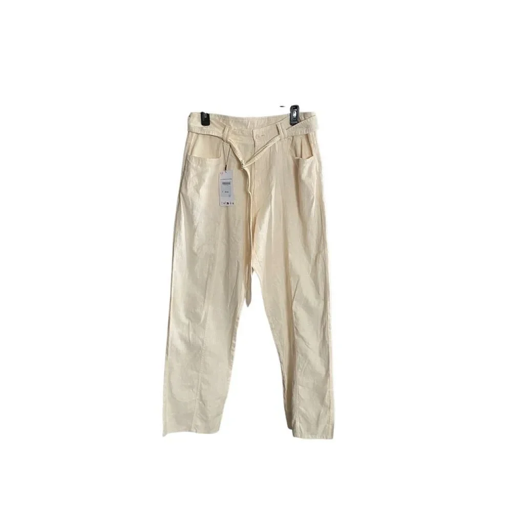 Zara NWT women’s linen blend relaxed fit belted pants size 30